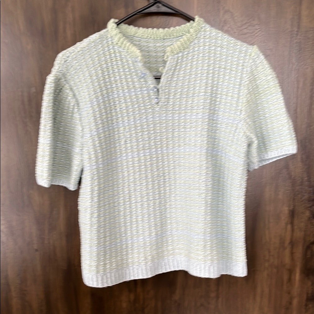 Light blue and green Short Sleeve Hand Knit Top
